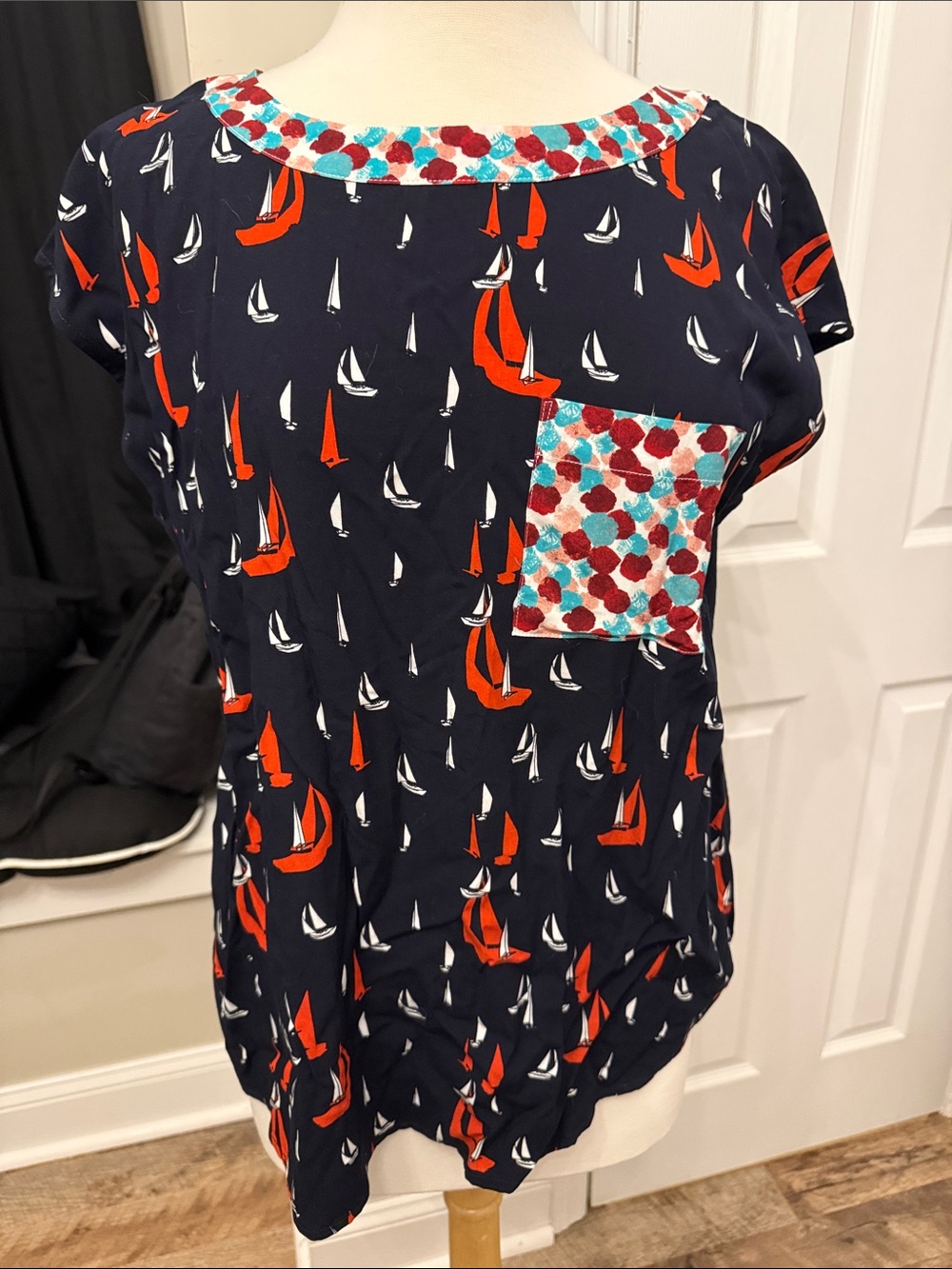 Navy Sailboat Print Short Sleeve Blouse with Accent Pocket